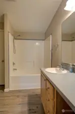 Large soaking tub/shower combo in primary bath.