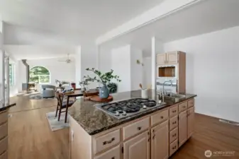 The kitchen flows nicely into the dining area and living room.