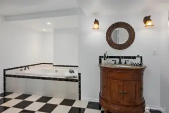 Lower level guest bathroom features a huge jetted soaking tub.