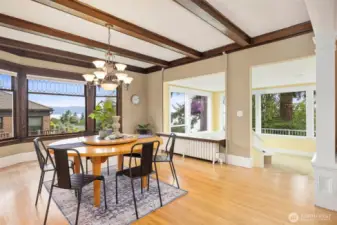 Bay window with leaded glass windows has lovely bay views.