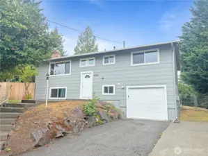 Front exterior of updated split-level on quiet cul-de-sac in Cascade, Renton WA 98058