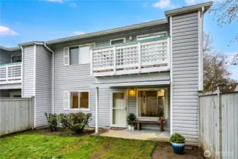 The storage closet on the back patio offers outdoor storage for bins and boxes.