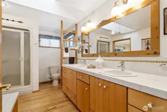 primary bath the other direction showing skylight, shower and more of the creative artistry of the owners.