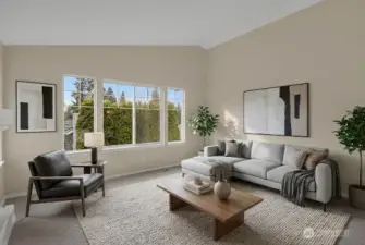 Virtually staged. Living room with vaulted ceilings that elevate the everyday.