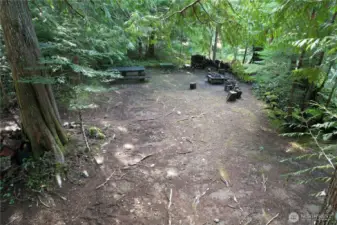 Large open space with picnic table and firepit.