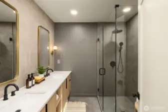 Spa-inspired bathroom with a walk-in shower and designer-selected tile work.