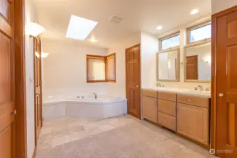 Bath has spa tub and two sinks, two closets plus a walk in closet.