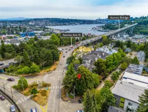 Looking south via Aroura Ave Bridge and a straight shot to downtown Seattle.