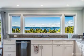 Even the kitchen has views of the water and mountains