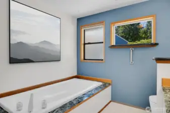 Primary bathroom with deep soaking tub.