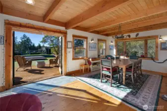 French doors facing Southwest out on the the deck and the green and of course the stage!