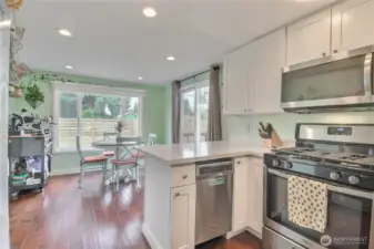 Stainless steel kitchen appliances stay with the home.