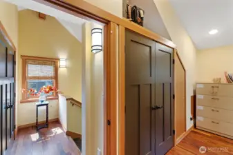 Top floor landing with walk-in closet on the left and another closet to the right