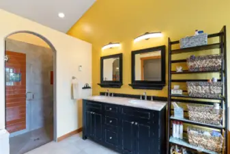 Primary bathroom, large walk-in shower, tile floor with separate heat zone
