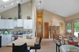 Another view of the vaulted ceilings and skylight in the kitchen.