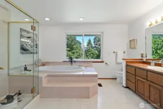 Sparkling 5 piece bathroom includes dual sinks and plenty of storage