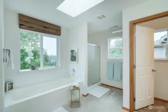 5 piece bathroom that includes a soaking tub and double vanity.