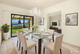 Virtual Staging View of Dining Room with Views of Mt. Rainier.