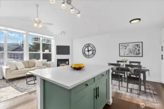 Leveled single-height island (a major improvement over the original two-tier design found in other units, creating a more open, modern workspace)