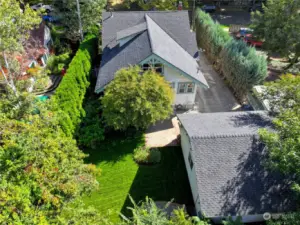 Top View of garage, back yard & house