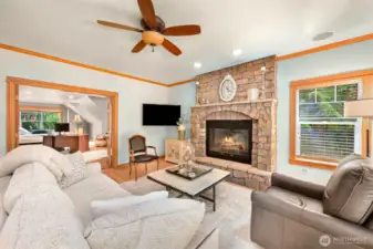 Gas burning fireplace.