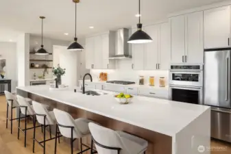 14 foot kitchen Island with 3cm slab quartz waterfall ends