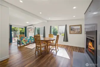 Vaulted ceilings upon entering with wood firepalce.