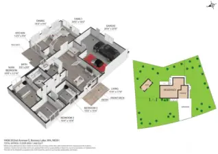 3D floor plan showcasing home layout, double lot, and placement of large storage shed—spacious Bonney Lake rambler design.