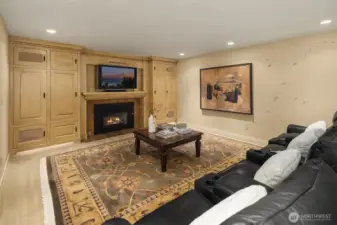 Theater area has a cozy fireplace and built-ins with 5 speaker surround sound with subwoofer.