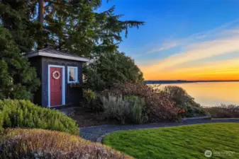 Convenient garden shed houses your tools and hobbies.