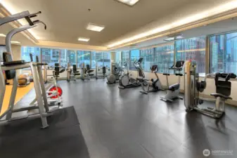 Spacious fitness room with a variety of equipment to stay fit indoors.
