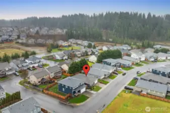 Wide aerial view of the Falling Water neighborhood in Bonney Lake, showcasing the nearby homes, natural tree-lined surroundings, and the home’s position within the community.
