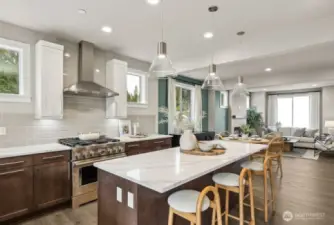 Ample seating in the large kitchen island.