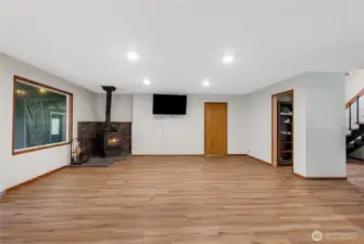 Wood burning stove, main level living room