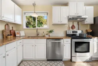 Granite counters and an undermount sink play nicely with the painted wood cabinets and stainless appliances.