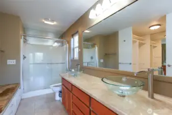Double sinks and lots of cabinet space.
