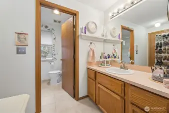 Vanity area in primary suite is separate from the shower/water closet area.