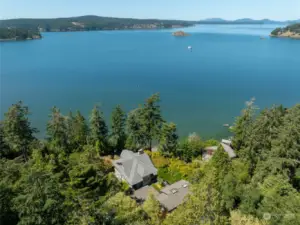 Looking over the house, across Mud Bay to Lopez Sound.