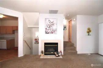 gas fire place, left to basement, right to second floor