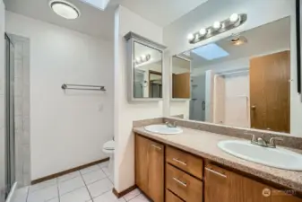 Double vanity, new shower door   and shelving