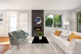 Gas fireplace in the wide and cozy living room