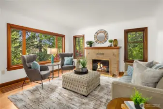 Living room has gas converted fireplace with Batchelder tiles