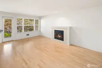 Living room with a wall of windows and fireplace