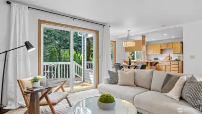 A view of the kitchen from the family room.