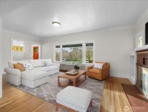 Gas fireplace. Leaded glass window accents.