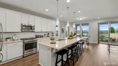 The kitchen anchors the living space with quartz countertops and designer touches