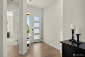 Generous entryway is light filled. Notice the beautiful upgraded front door which allows much natural light in.