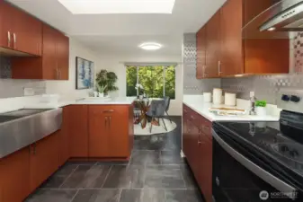 Ample counter space and cabinet storage.