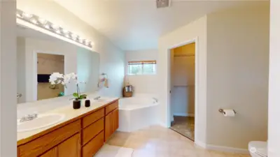 Primary bath en suite features double sinks, large soaking tub, walk-in shower & walk-in closet.