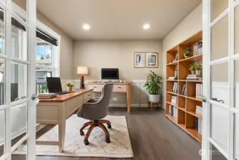 Spacious home office with elegant glass french doors and accent walls.